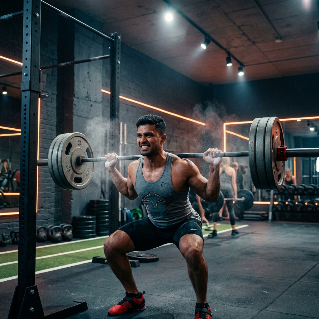 Gym floor with heavy weights and squat racks